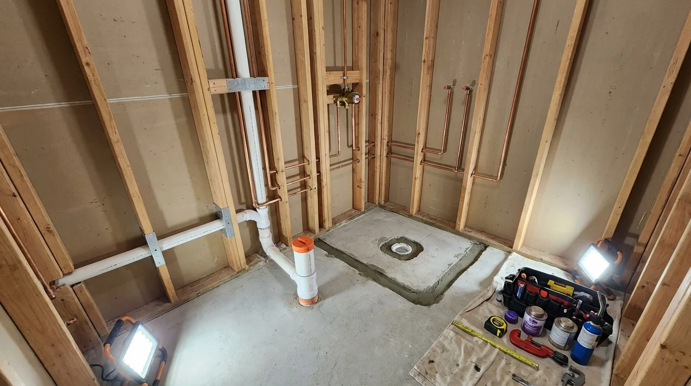 Bathroom rough-in plumbing during remodel by Johns Plumbing LLC in Millis