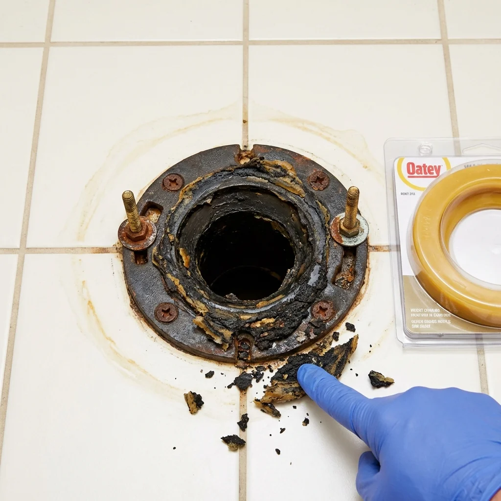 Failed wax ring showing water seepage at the base of a toilet in a Millis, MA home