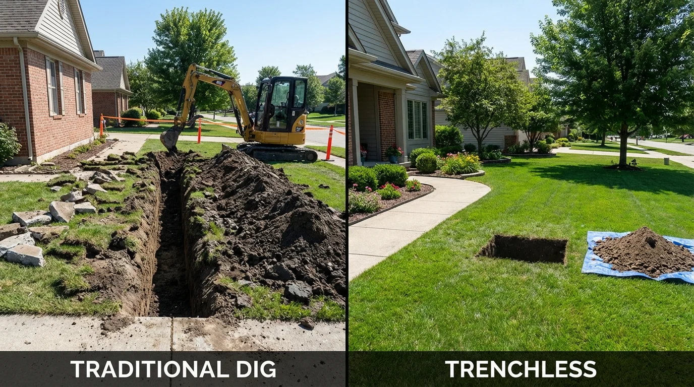 Trenchless sewer repair with minimal yard damage versus traditional excavation in Millis, MA